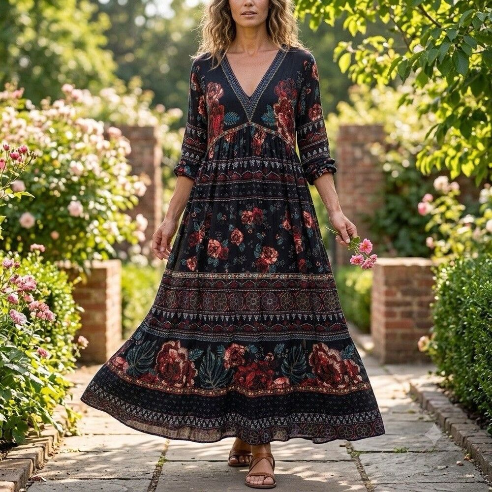 FARM Rio XL Black Floral Embroidered Print Deep V-Neck Smocked Boho Maxi Dress